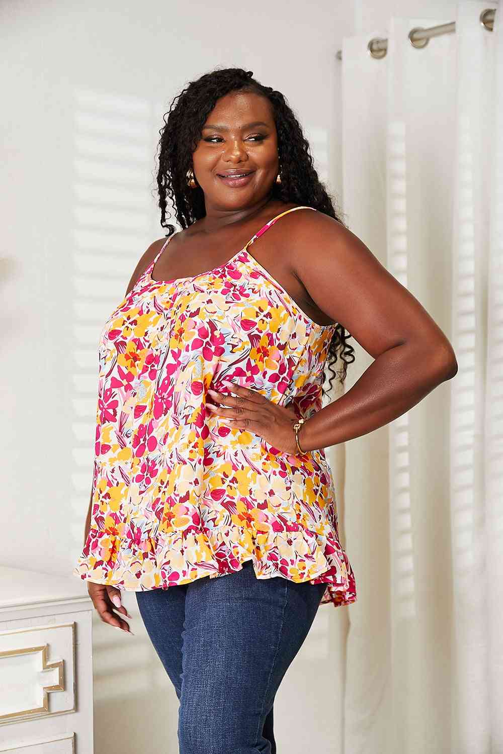 Double Take Floral Scoop Neck Ruffle Hem Cami - Image 4
