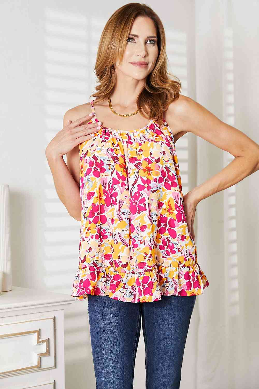 Double Take Floral Scoop Neck Ruffle Hem Cami - Image 6