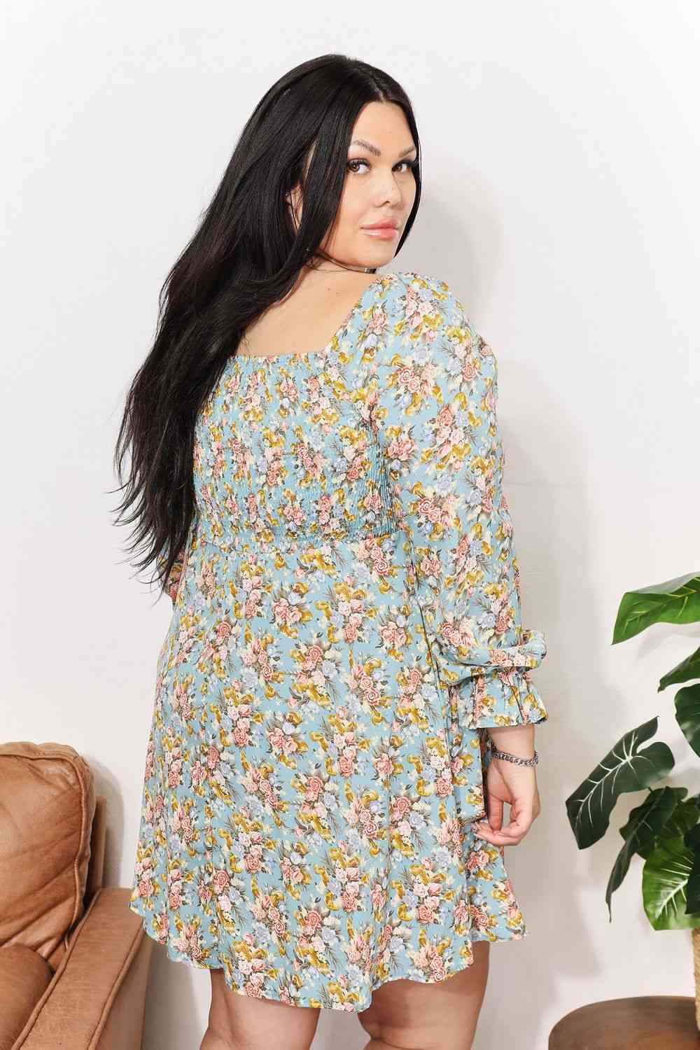 Double Take Floral Smocked Flounce Sleeve Square Neck Dress - Image 10