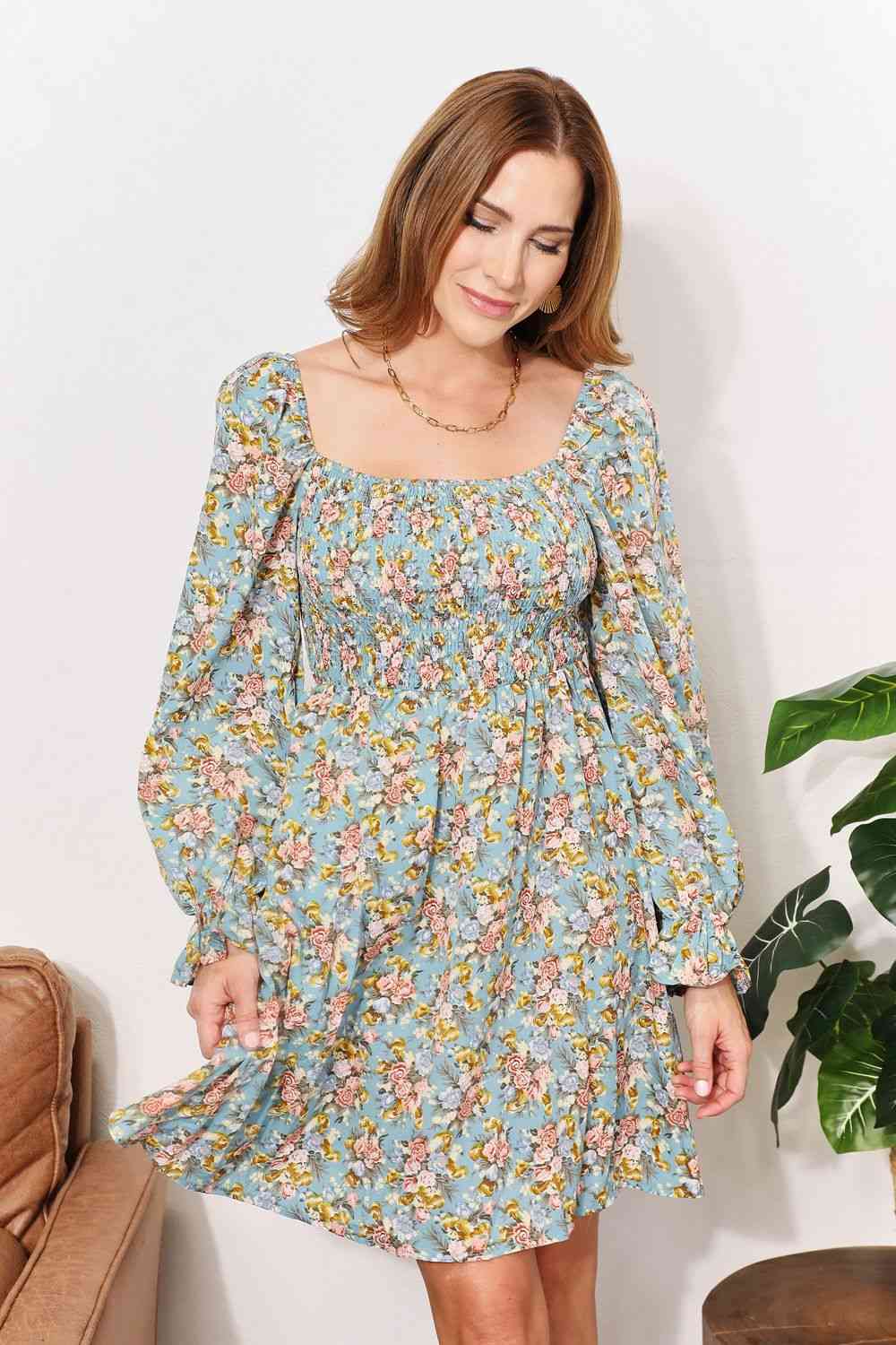 Double Take Floral Smocked Flounce Sleeve Square Neck Dress - Image 3