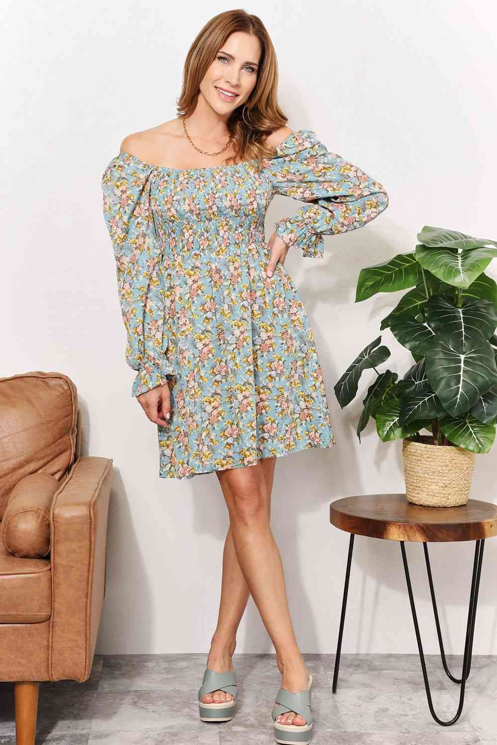 Double Take Floral Smocked Flounce Sleeve Square Neck Dress - Image 6