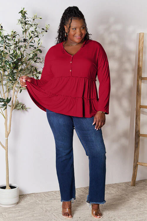 Double Take Half Button Long Sleeve Ruffle Hem Blouse - Image 10