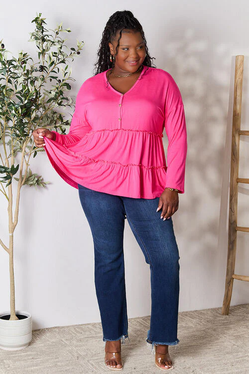 Double Take Half Button Long Sleeve Ruffle Hem Blouse - Image 36