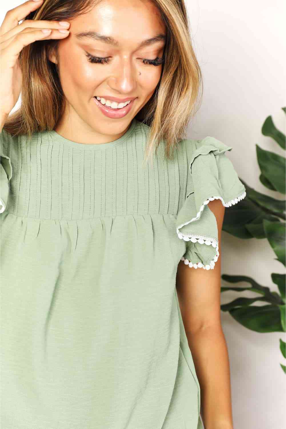 Double Take Pleated Detail Flutter Sleeve Blouse - Image 6