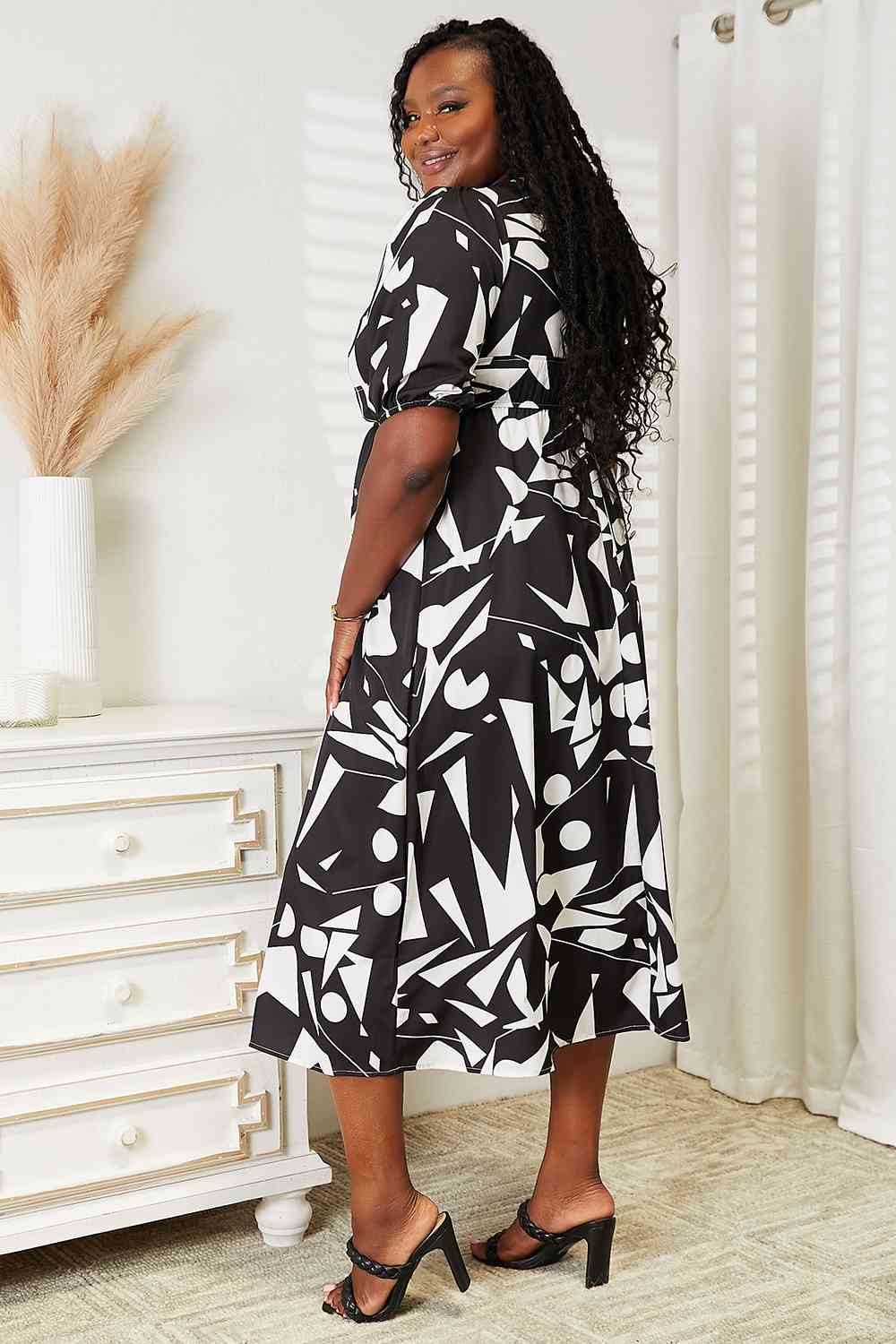 Double Take Printed Surplice Balloon Sleeve Dress - Image 13