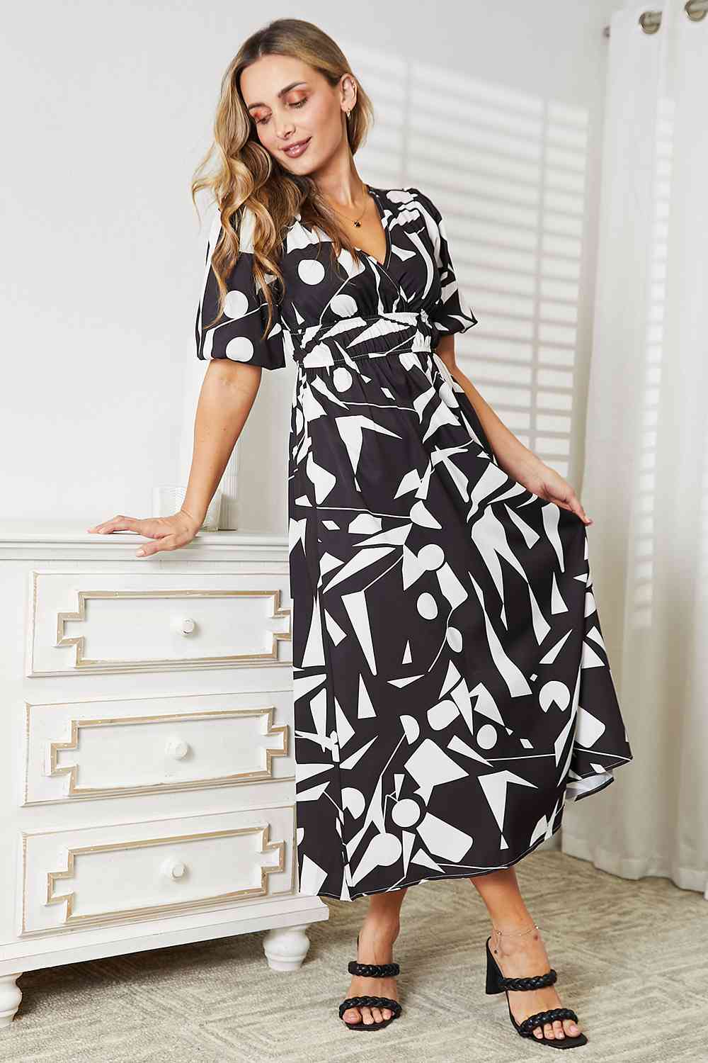 Double Take Printed Surplice Balloon Sleeve Dress - Image 15