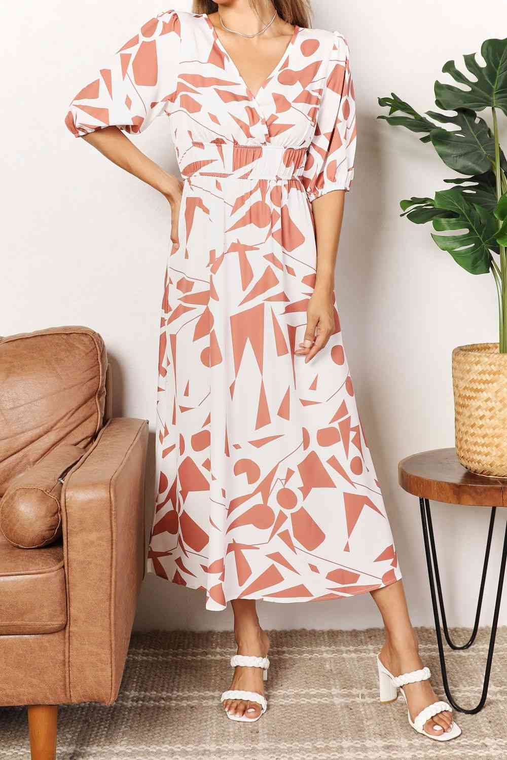Double Take Printed Surplice Balloon Sleeve Dress - Image 6