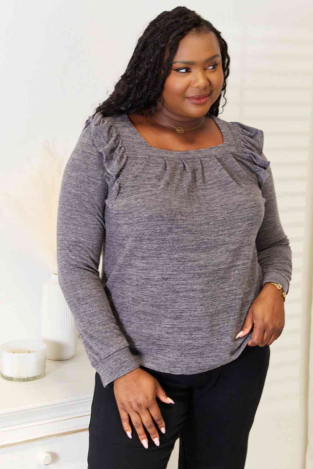 Double Take Square Neck Ruffle Shoulder Long Sleeve T-Shirt - Image 10
