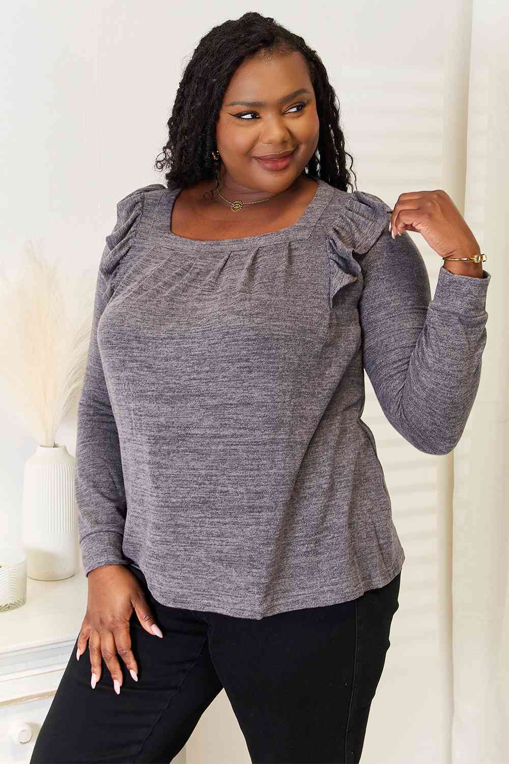 Double Take Square Neck Ruffle Shoulder Long Sleeve T-Shirt - Image 11