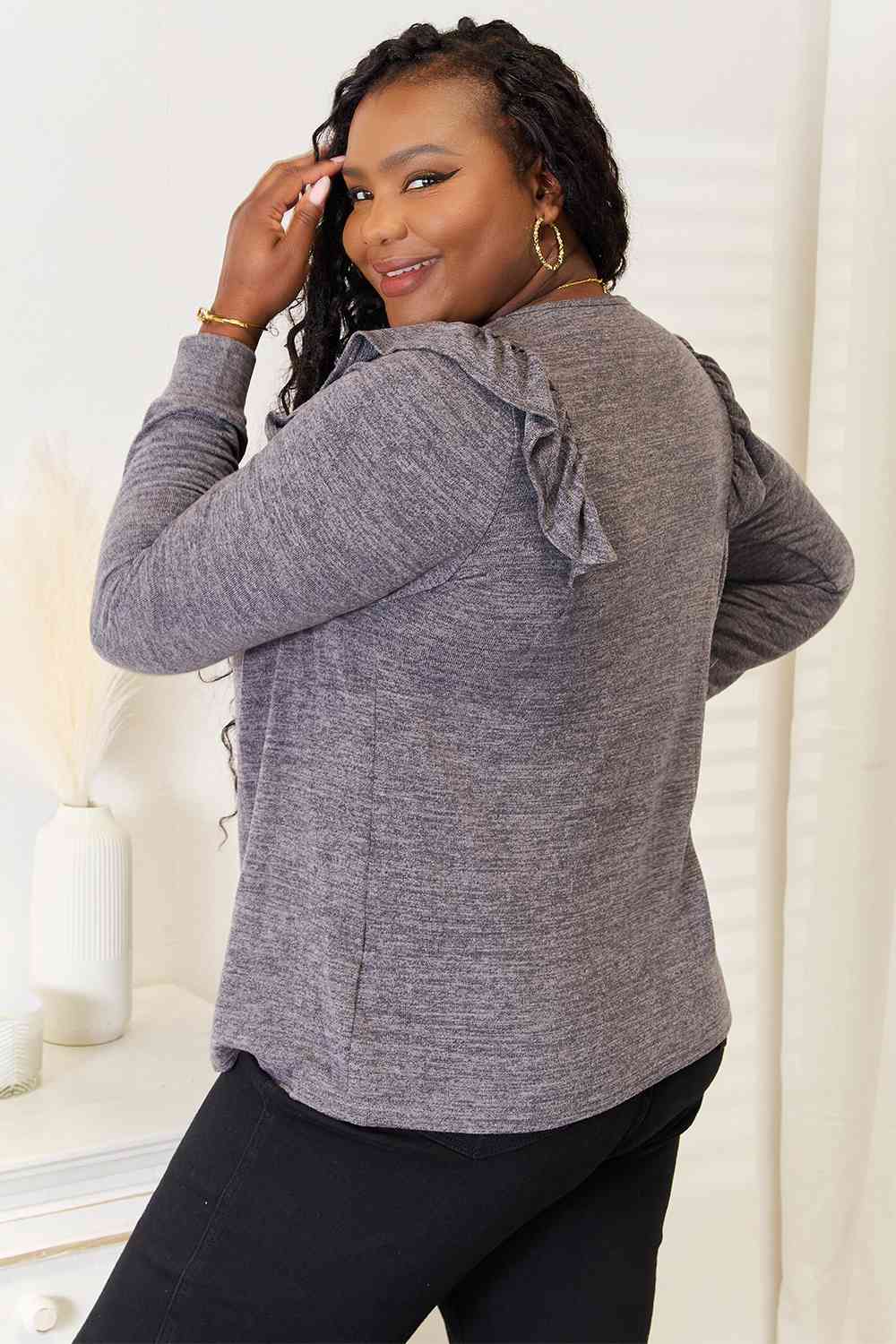 Double Take Square Neck Ruffle Shoulder Long Sleeve T-Shirt - Image 12