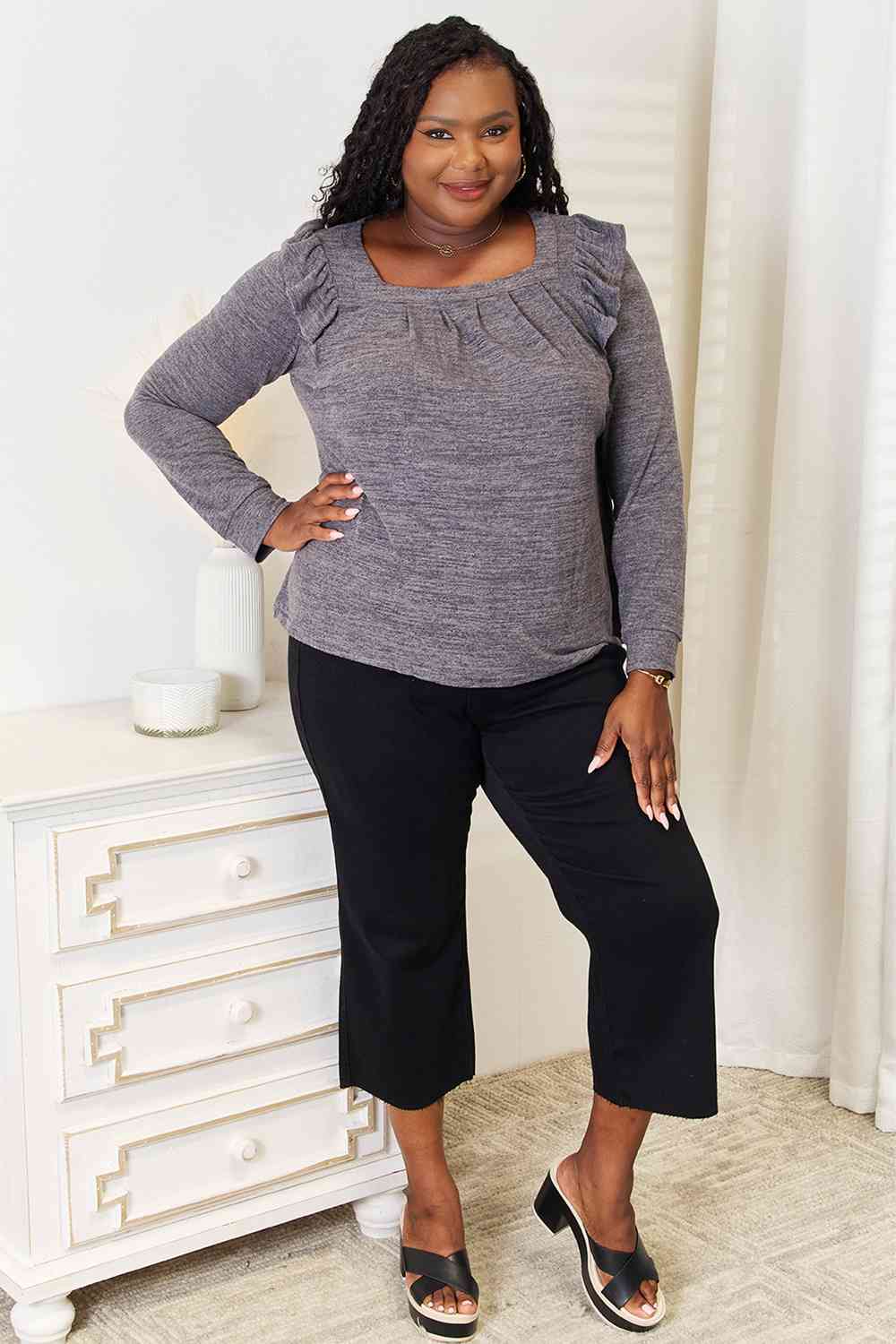 Double Take Square Neck Ruffle Shoulder Long Sleeve T-Shirt - Image 13
