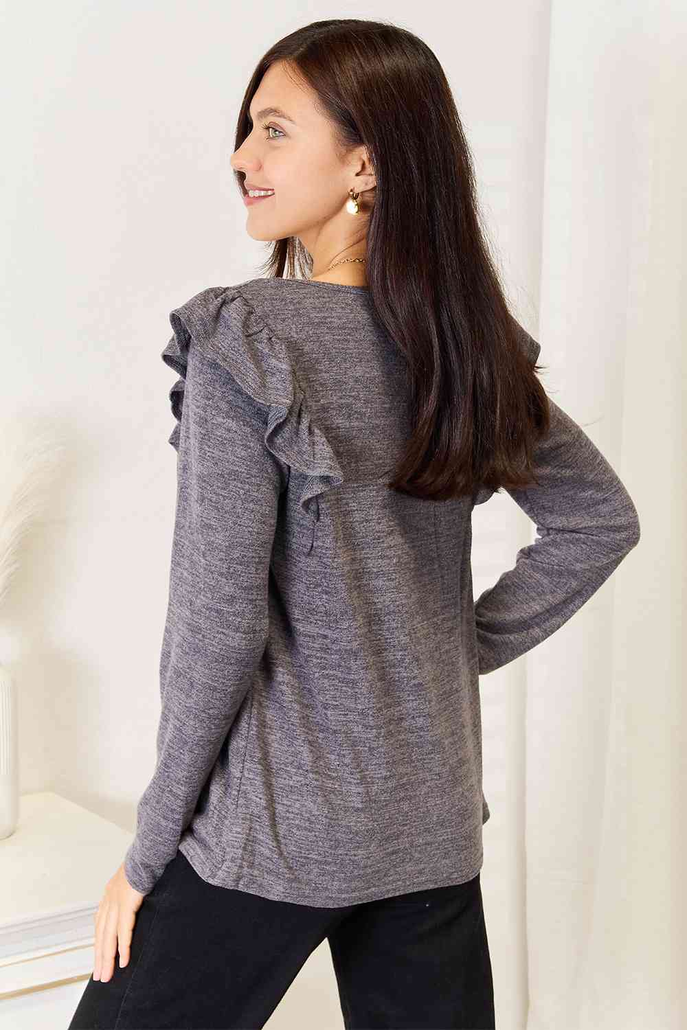 Double Take Square Neck Ruffle Shoulder Long Sleeve T-Shirt - Image 16