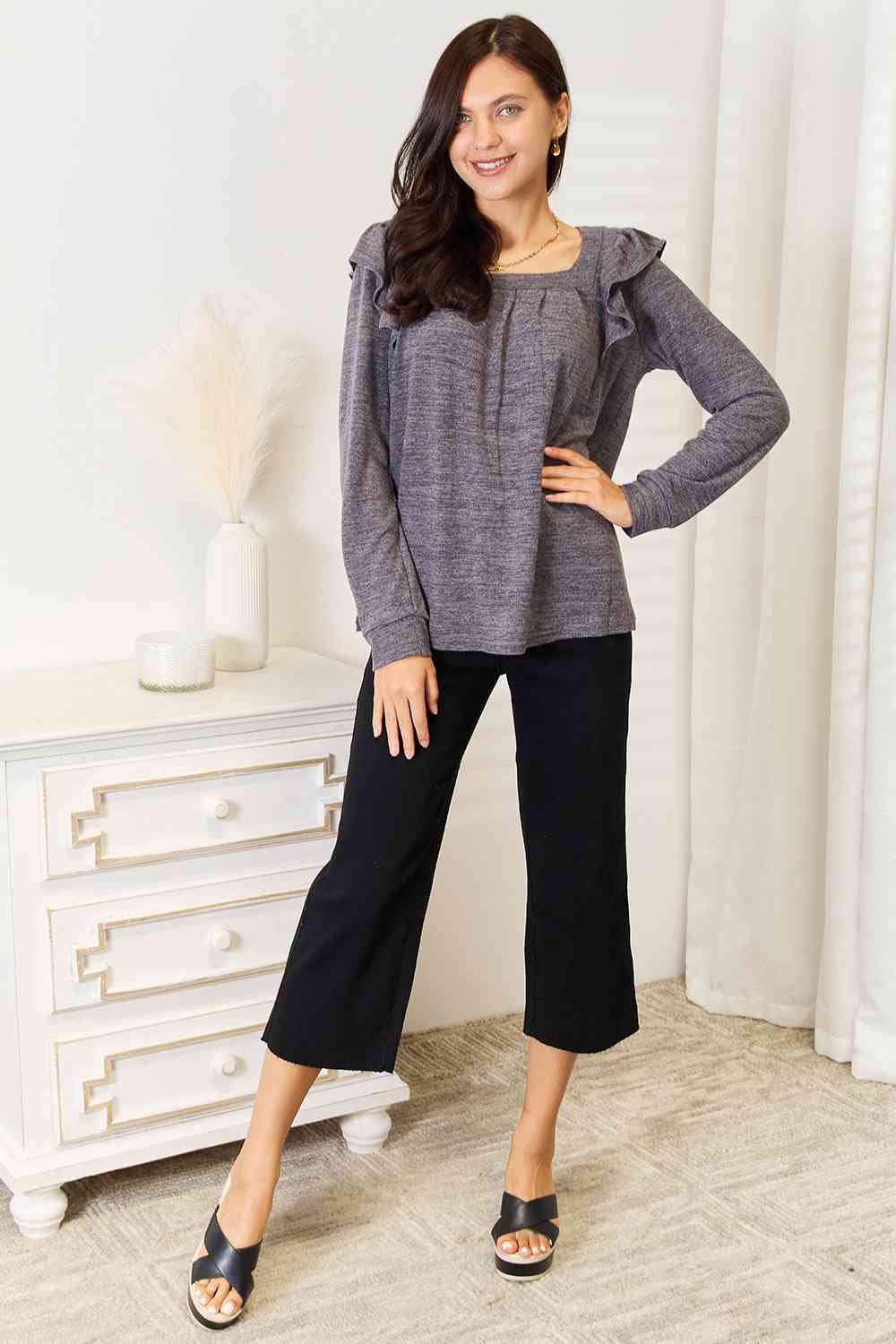 Double Take Square Neck Ruffle Shoulder Long Sleeve T-Shirt - Image 17