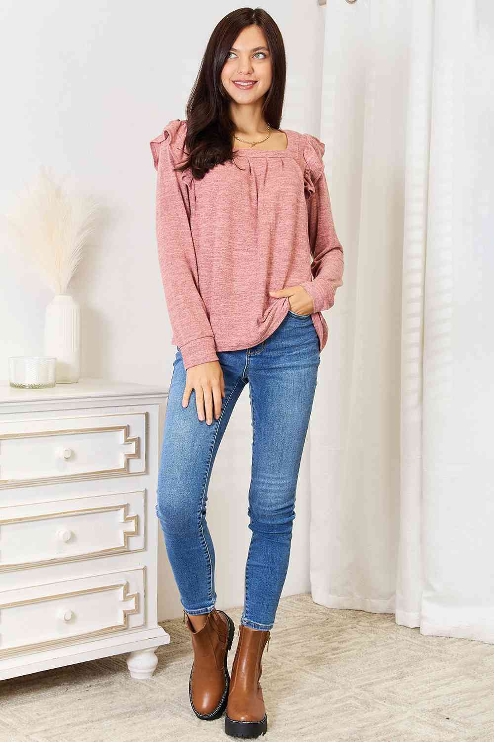 Double Take Square Neck Ruffle Shoulder Long Sleeve T-Shirt - Image 8