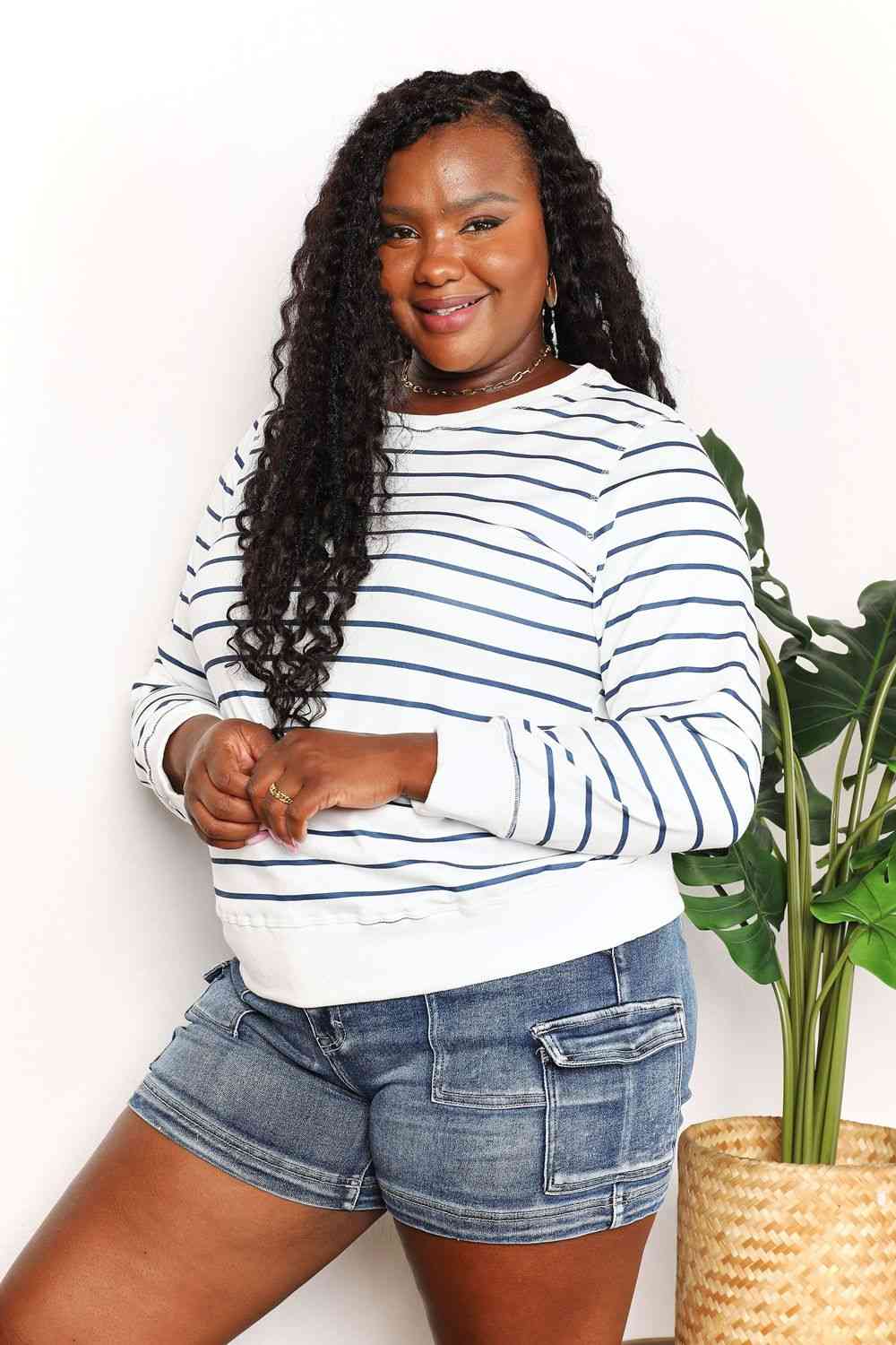 Double Take Striped Long Sleeve Round Neck Top - Image 8