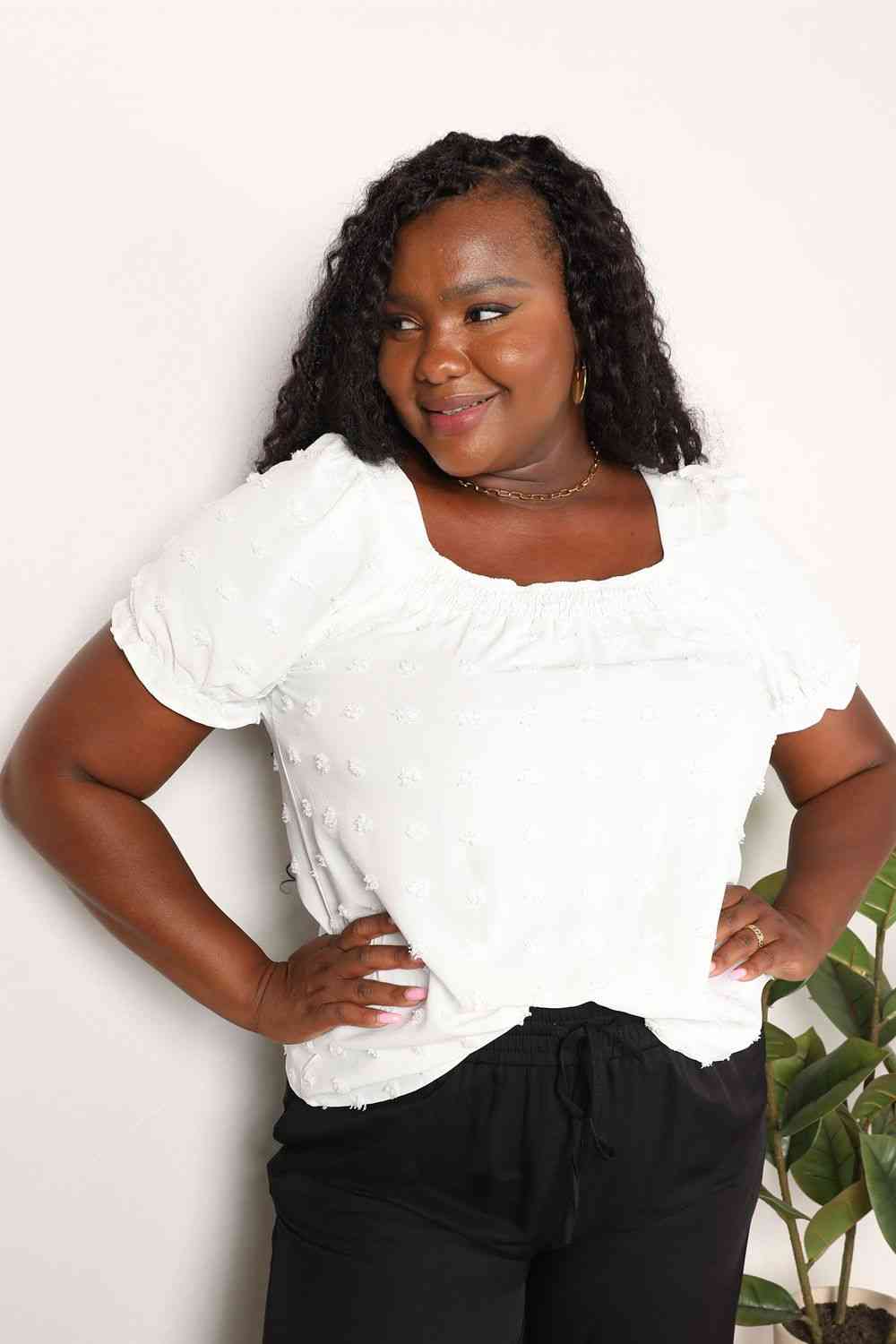 Double Take Swiss Dot Puff Sleeve Square Neck Blouse - Image 6