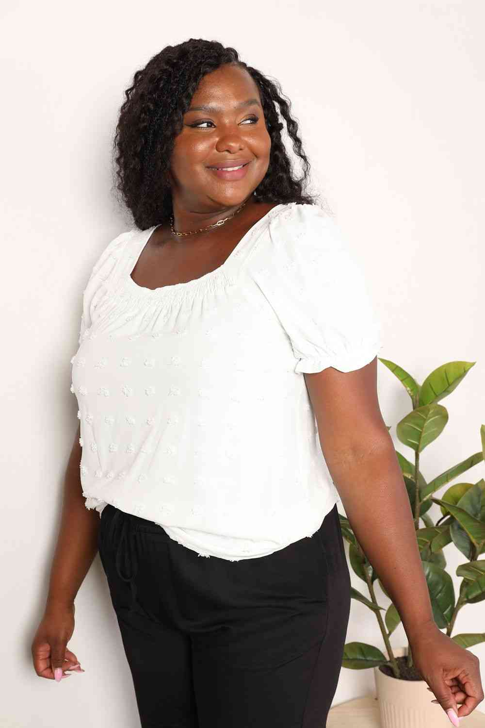 Double Take Swiss Dot Puff Sleeve Square Neck Blouse - Image 8