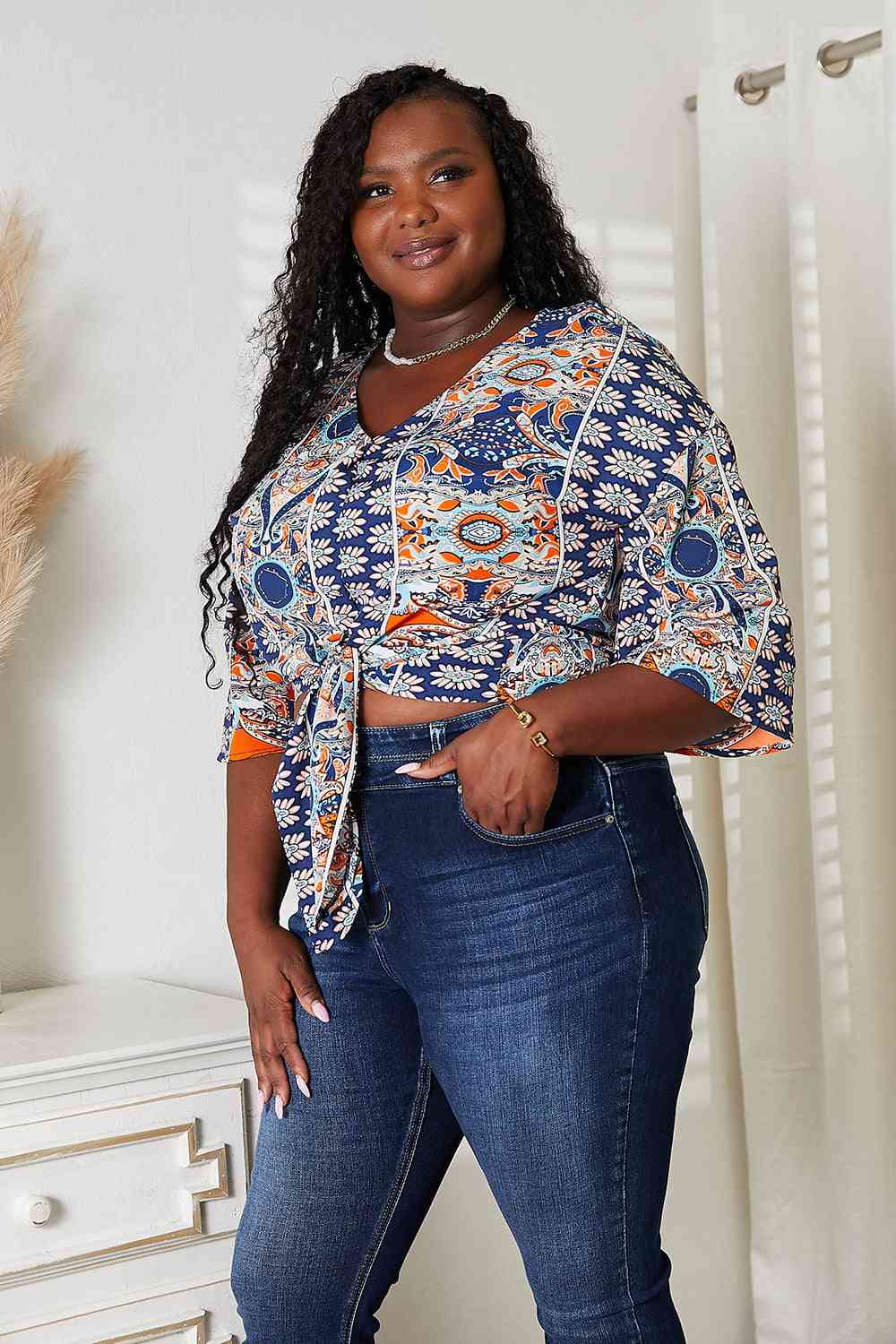 Double Take Tie Hem V-Neck Three-Quarter Sleeve Blouse - Image 11