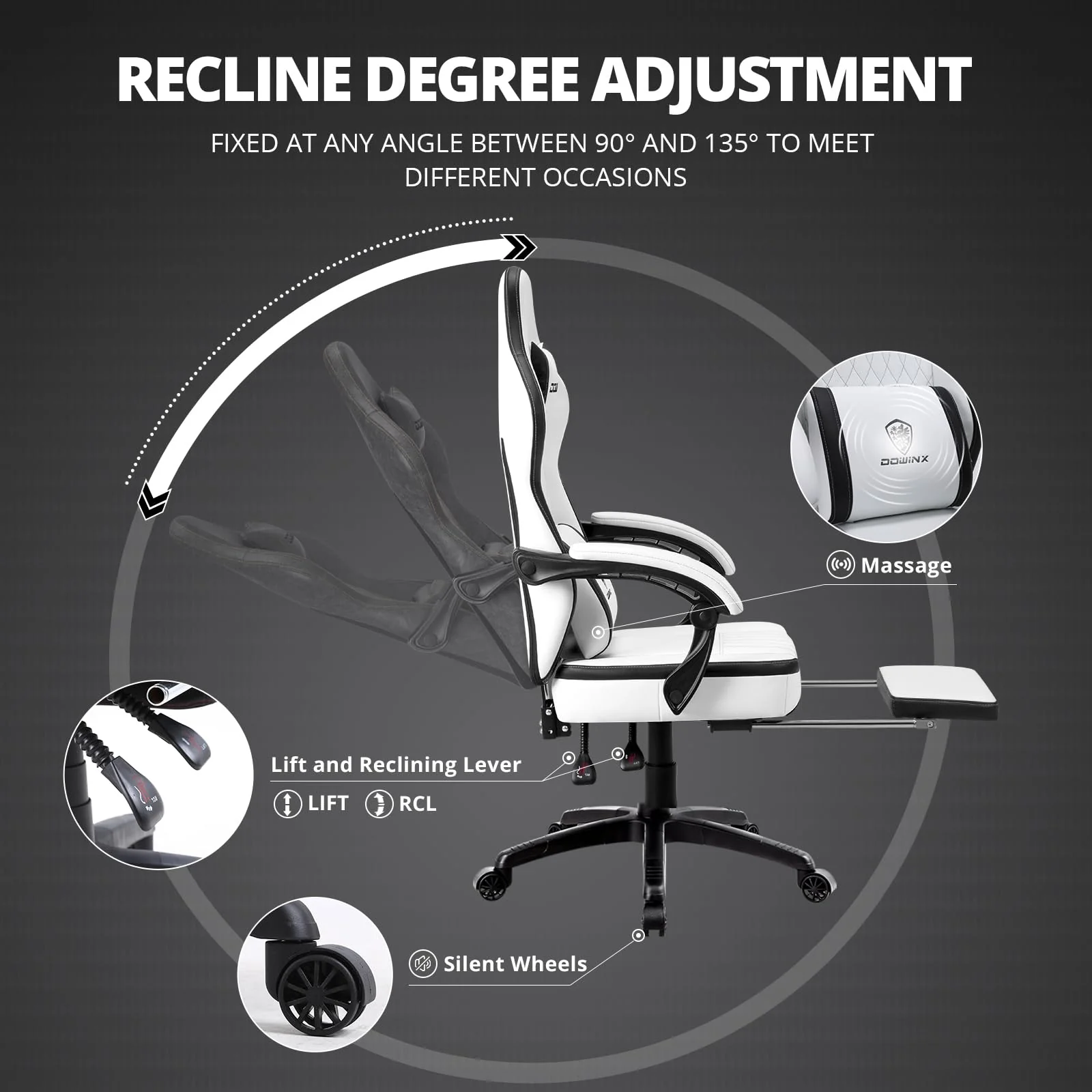 Dowinx Gaming Chair Breathable PU Leather Gamer Chair with Pocket Spring Cushion, Ergonomic Computer Chair with Massage Lumbar Support,Adjustable Swivel Task Chair with Footrest(Black&White) - Image 3