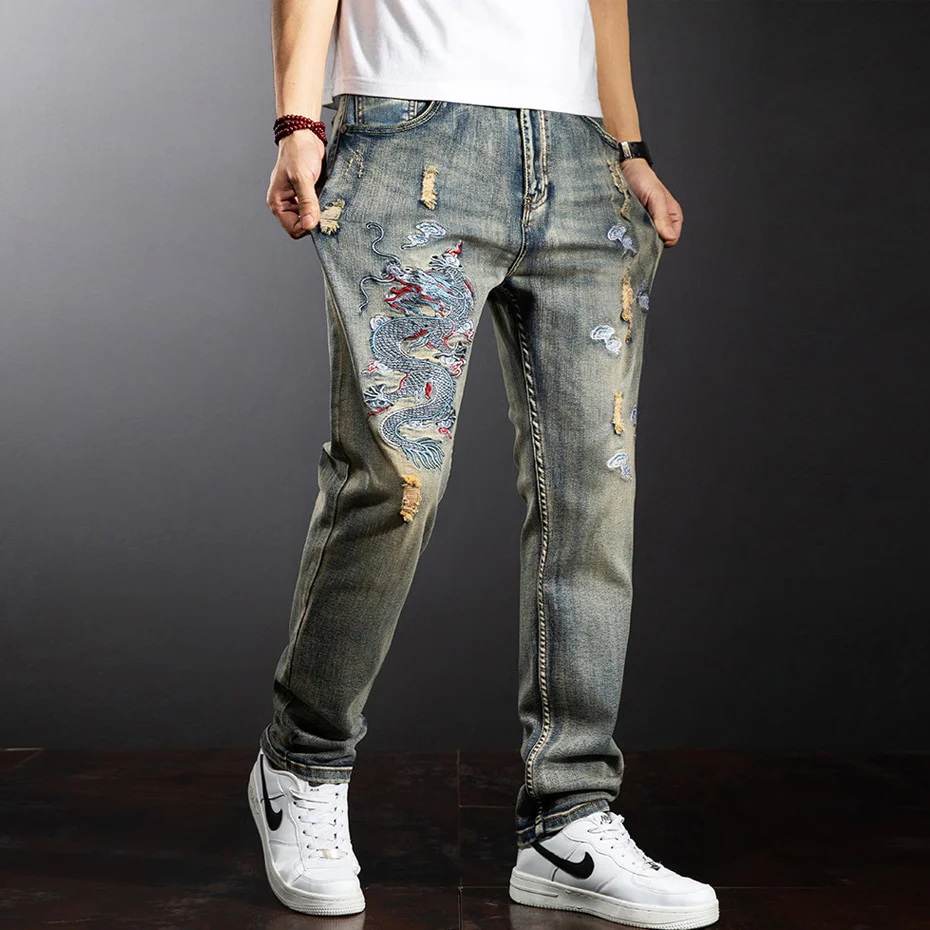 Dragon Embroidered Jeans Men Streetwear Denim Pants Fashion Ripped Jeans Pants Plus Size 38 40 Trousers Male Bottoms - Image 7