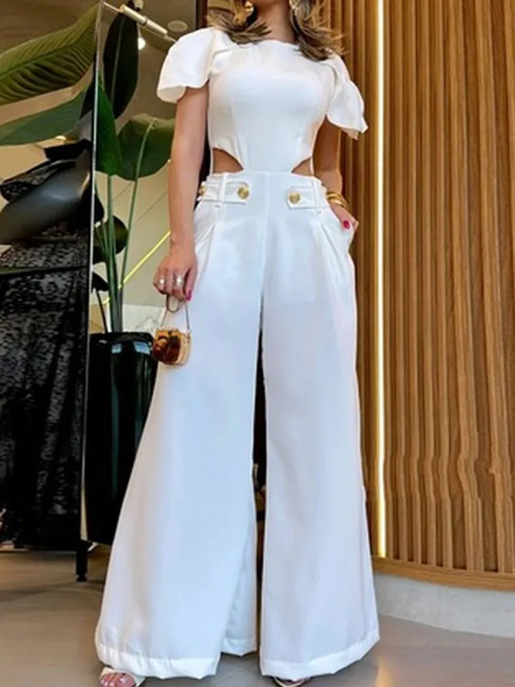 Drauuing Jumpsuit Women Side Hollow Out Loose Wide Leg Pant Elegant Jumpsuit White Sexy Short Sleeve Cut Out Jumpsuit Women - Image 4