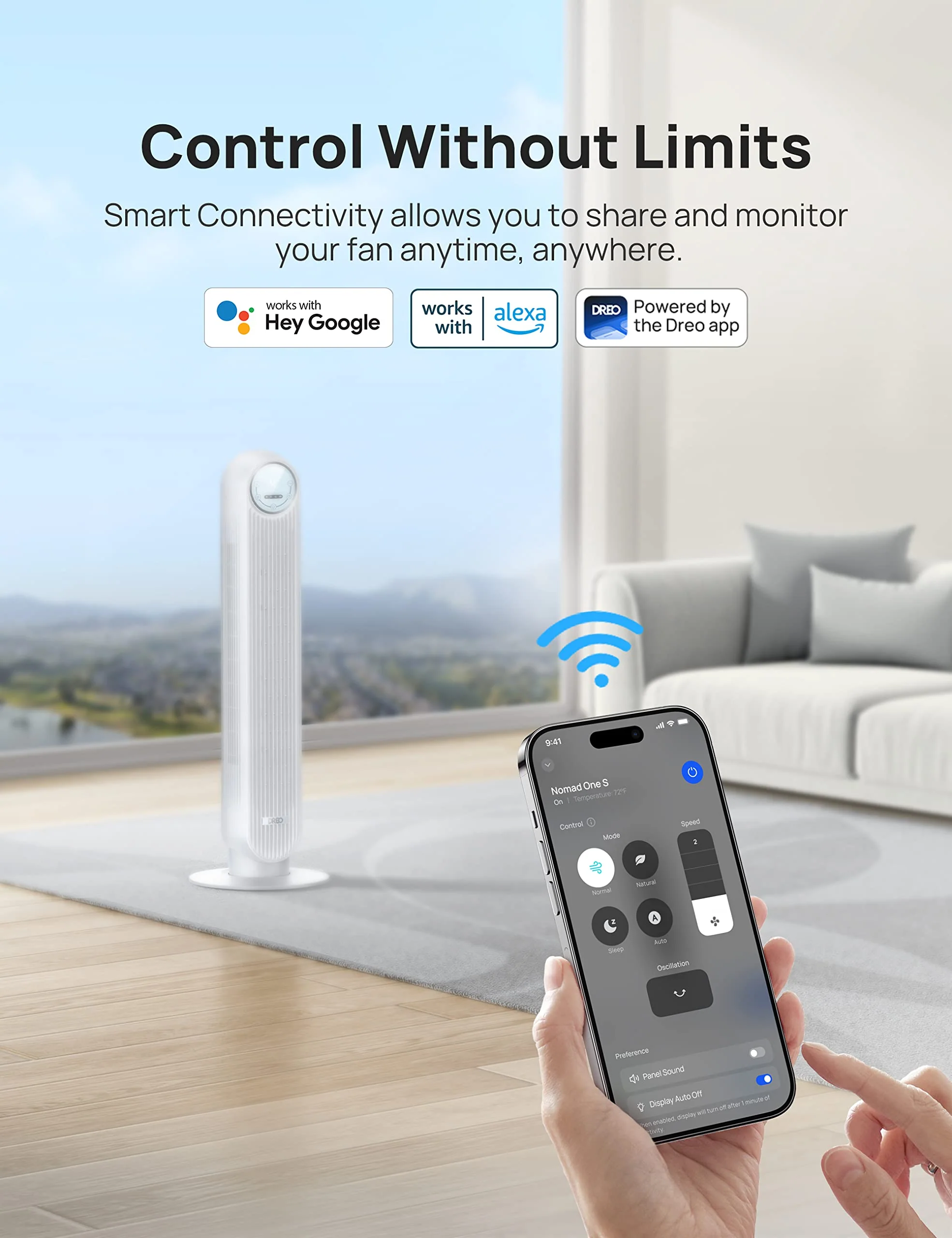 Dreo Oscillating Quiet Tower Fan, Smart Floor Fans for Bedroom, Standing Bladeless Fan with Remote, 4 Modes, 4 Speeds, 8H Timer, 28dB, Works with WiFi Voice Control - Image 5