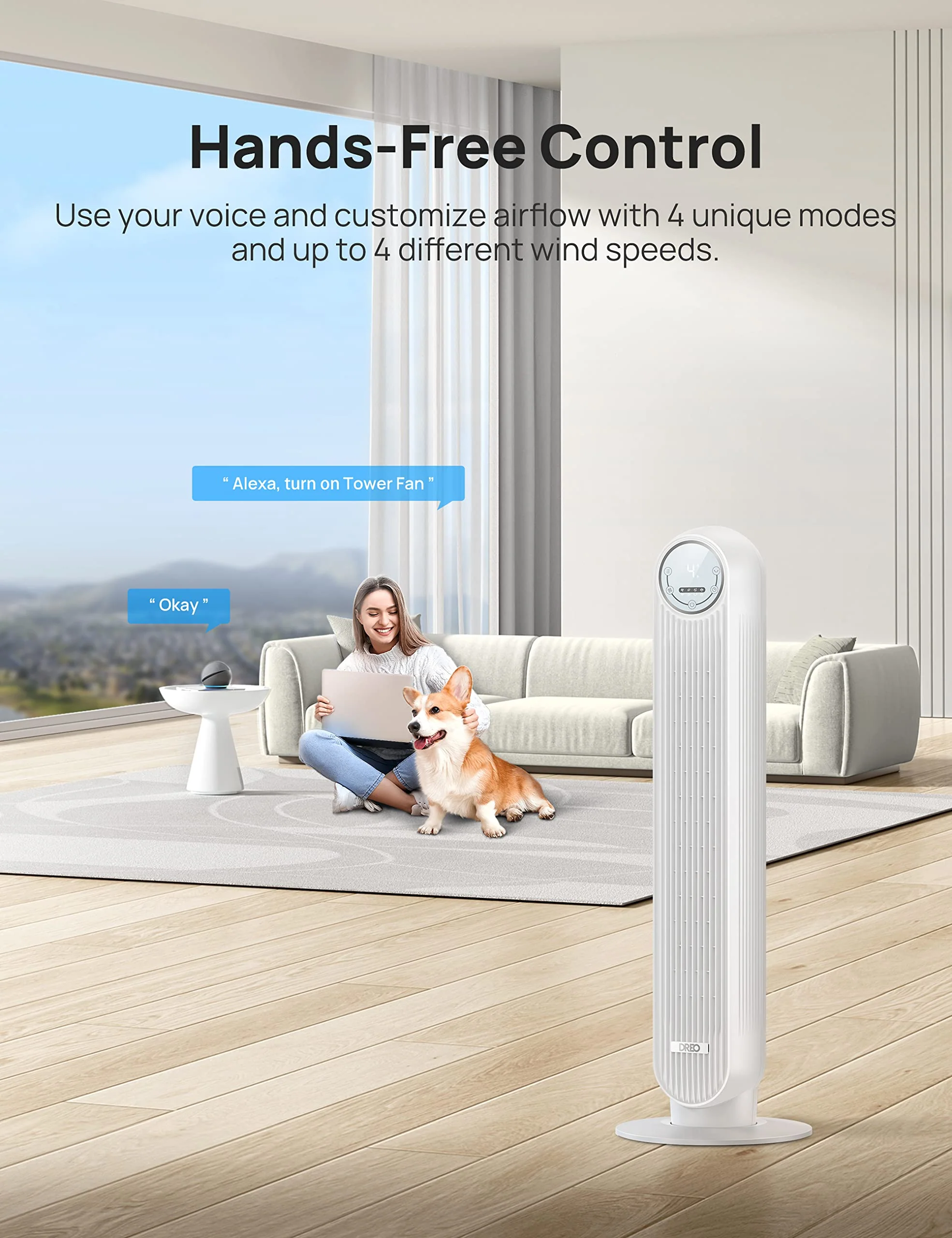 Dreo Oscillating Quiet Tower Fan, Smart Floor Fans for Bedroom, Standing Bladeless Fan with Remote, 4 Modes, 4 Speeds, 8H Timer, 28dB, Works with WiFi Voice Control - Image 6