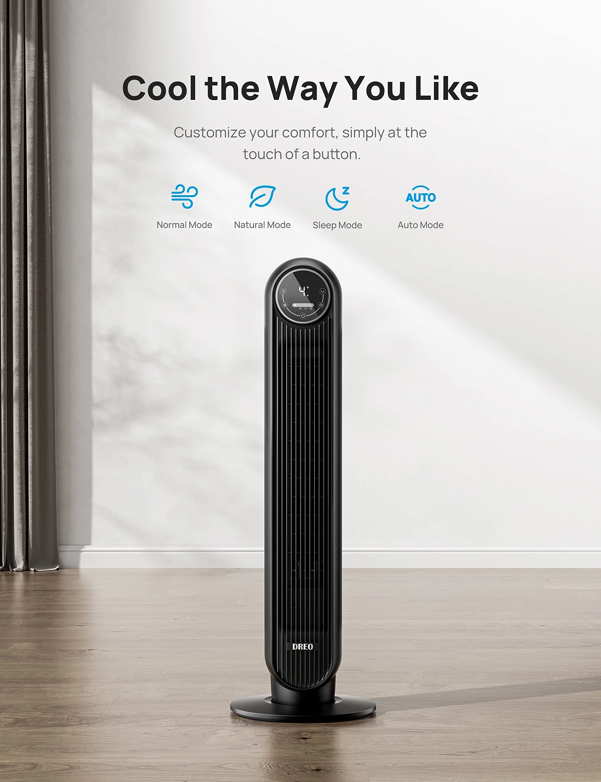 Dreo Tower Fan for Bedroom, 24ft/s Velocity Quiet Floor Fan, 90° Oscillating Fans for Indoors with 4 Speeds, 4 Modes, 8H Timer, Standing Fans, Bladeless Fan, Black, Nomad One (DR-HTF007) - Image 2