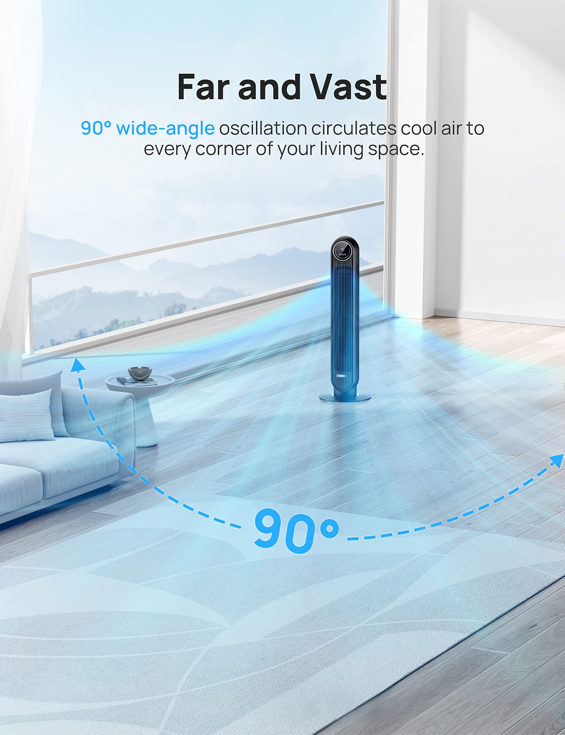 Dreo Tower Fan for Bedroom, 24ft/s Velocity Quiet Floor Fan, 90° Oscillating Fans for Indoors with 4 Speeds, 4 Modes, 8H Timer, Standing Fans, Bladeless Fan, Black, Nomad One (DR-HTF007) - Image 3