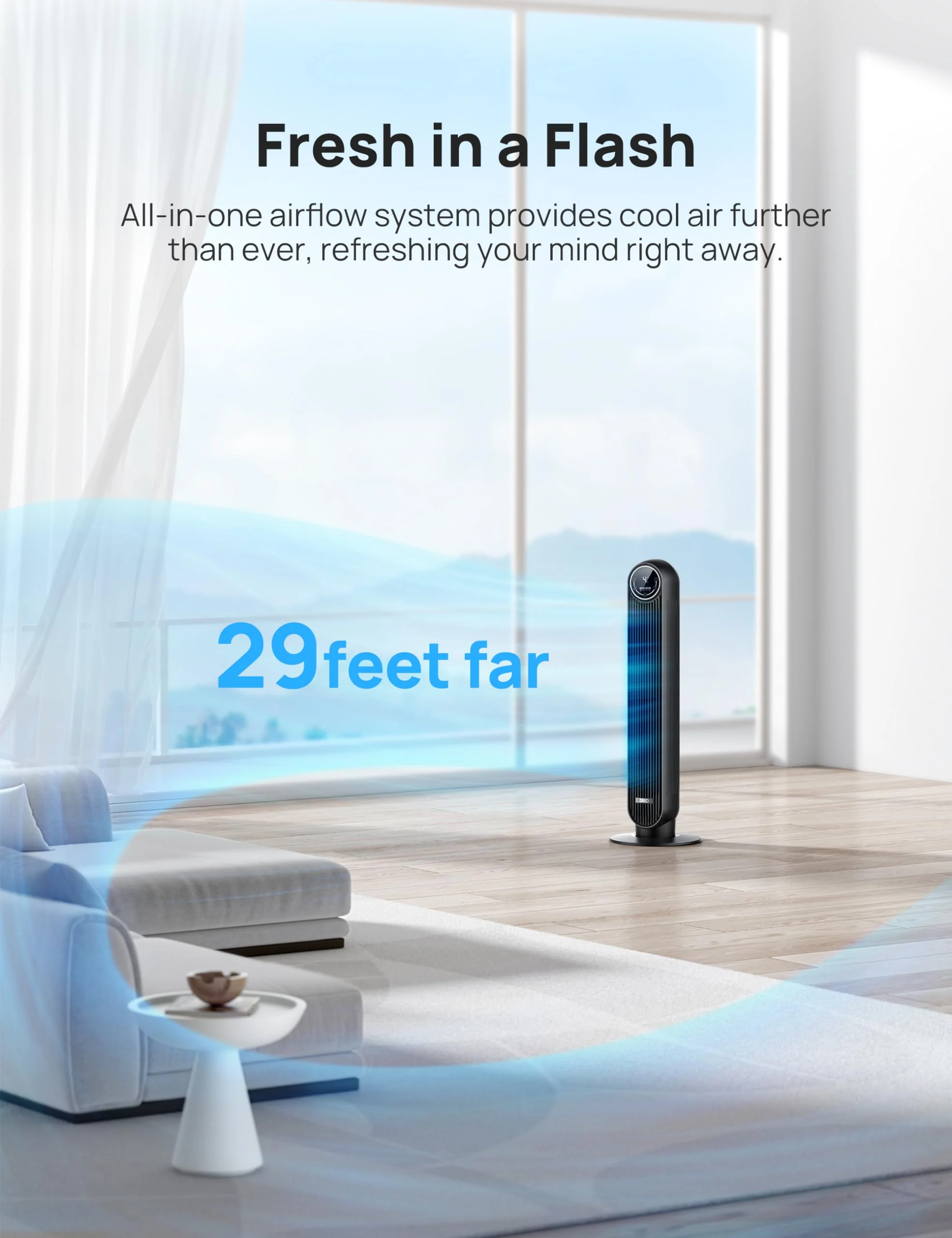 Dreo Tower Fan for Bedroom, 24ft/s Velocity Quiet Floor Fan, 90° Oscillating Fans for Indoors with 4 Speeds, 4 Modes, 8H Timer, Standing Fans, Bladeless Fan, Black, Nomad One (DR-HTF007) - Image 7
