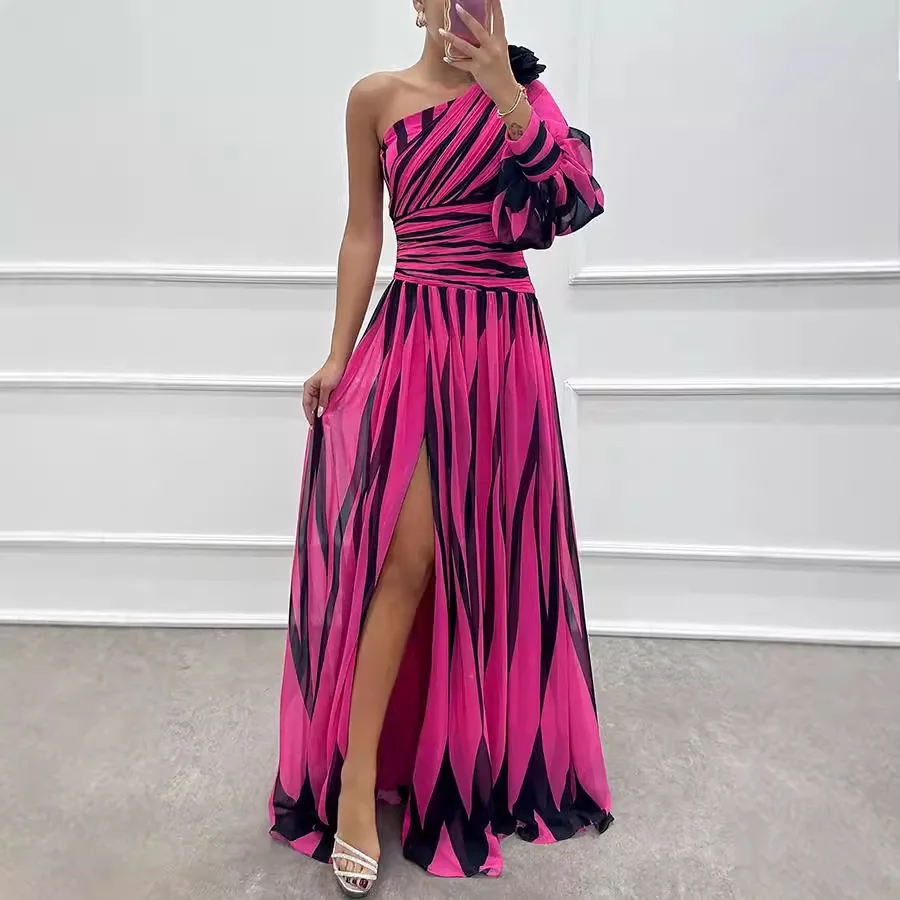 Dress Long Dress 2024 Spring and Autumn New Temperament Fashion Printed Slant Shoulder Split Dress INS Casual Loose Party Dress - Image 3