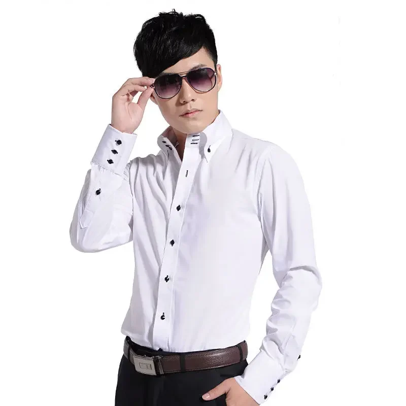 Dress Shirt for Men Button-down Collared Formal Business Long Sleeve Casual Korean Fashion Slim Fit Male Designer Shirts White - Image 2