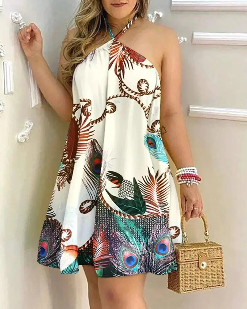 Dresses For Woman 2023 Sexy Sleeveless Backless Short Mini Dress Loose Halter Neck Print Beach Sundress Floral Vestidos S-3XL - Image 5