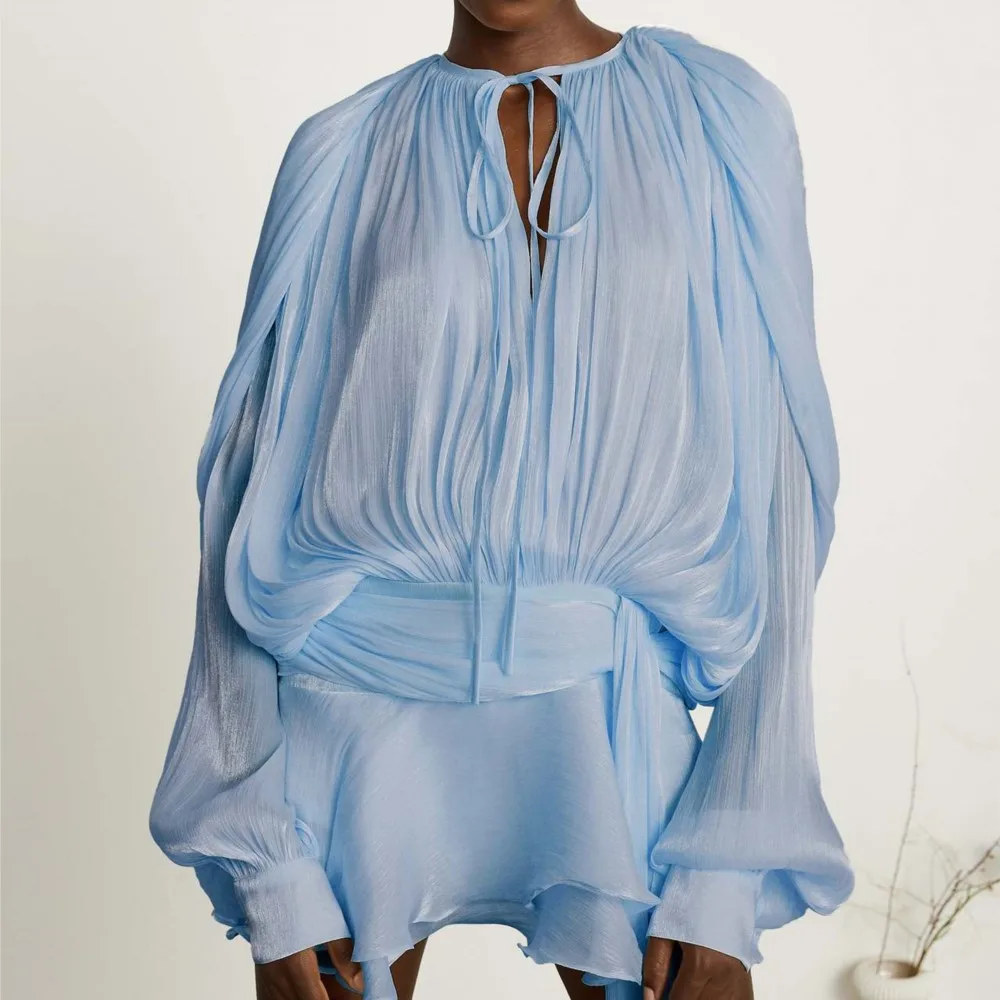 Dresses For Woman French Vestidos Elegant Puff Sleeve Dress Fashionable Loose Lace-up Solid Color Leace-up Simple Style Trendy - Image 3