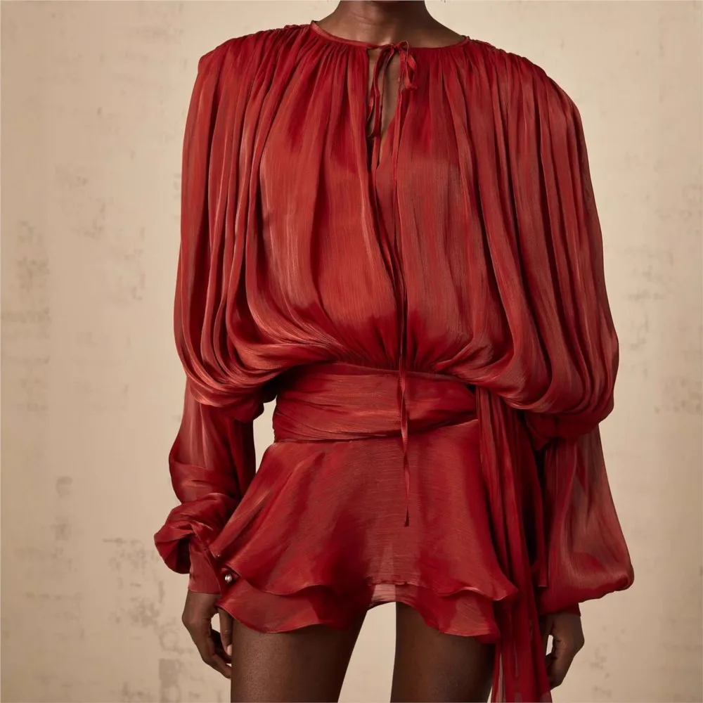 Dresses For Woman French Vestidos Elegant Puff Sleeve Dress Fashionable Loose Lace-up Solid Color Leace-up Simple Style Trendy - Image 4