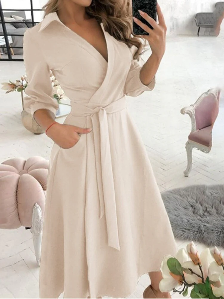 Dresses for Women 2023 Sexy Robe Mid Length Fashion Print Polo Neck Small Style Lace Up Waist Dress Long Summer Dresses Ladies - Image 10