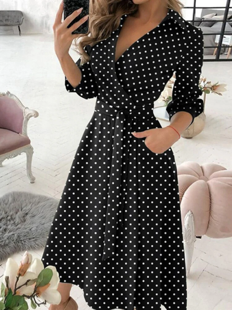 Dresses for Women 2023 Sexy Robe Mid Length Fashion Print Polo Neck Small Style Lace Up Waist Dress Long Summer Dresses Ladies - Image 11