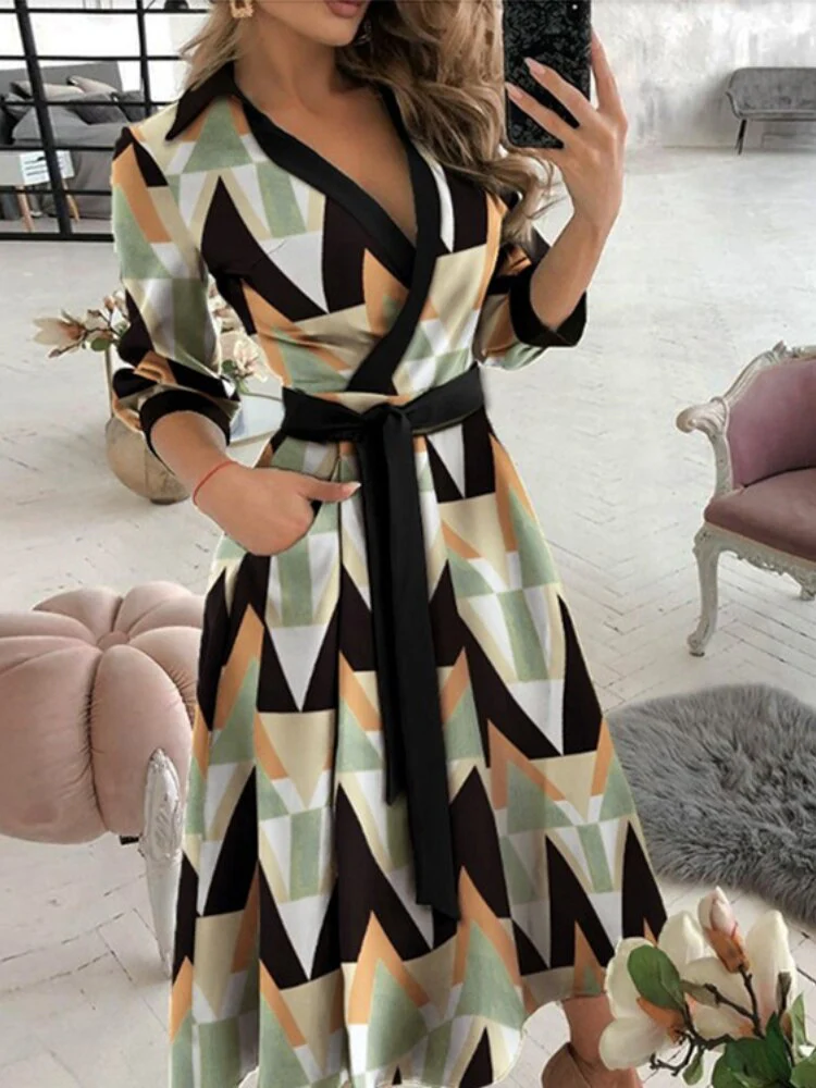 Dresses for Women 2023 Sexy Robe Mid Length Fashion Print Polo Neck Small Style Lace Up Waist Dress Long Summer Dresses Ladies - Image 12