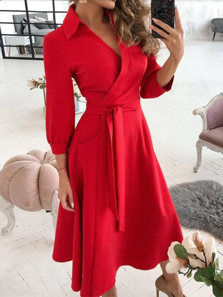 Dresses for Women 2023 Sexy Robe Mid Length Fashion Print Polo Neck Small Style Lace Up Waist Dress Long Summer Dresses Ladies - Image 13