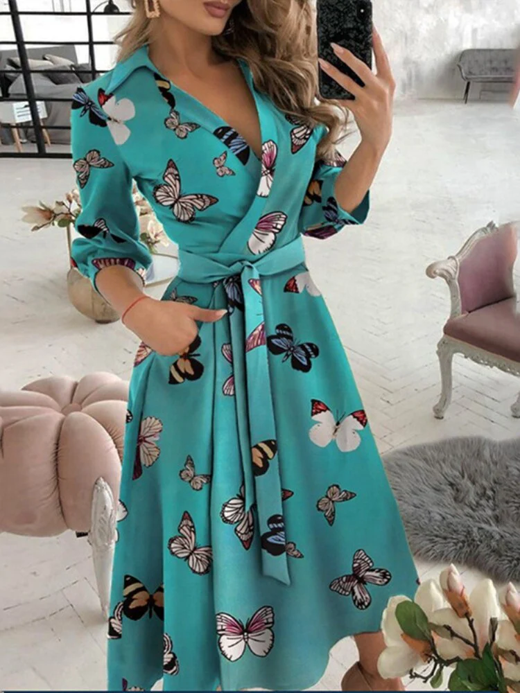Dresses for Women 2023 Sexy Robe Mid Length Fashion Print Polo Neck Small Style Lace Up Waist Dress Long Summer Dresses Ladies - Image 14