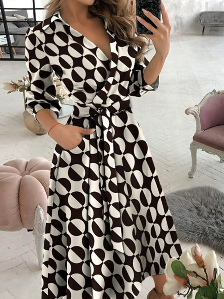 Dresses for Women 2023 Sexy Robe Mid Length Fashion Print Polo Neck Small Style Lace Up Waist Dress Long Summer Dresses Ladies - Image 3
