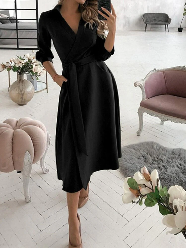 Dresses for Women 2023 Sexy Robe Mid Length Fashion Print Polo Neck Small Style Lace Up Waist Dress Long Summer Dresses Ladies - Image 5