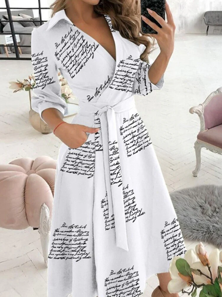 Dresses for Women 2023 Sexy Robe Mid Length Fashion Print Polo Neck Small Style Lace Up Waist Dress Long Summer Dresses Ladies - Image 6