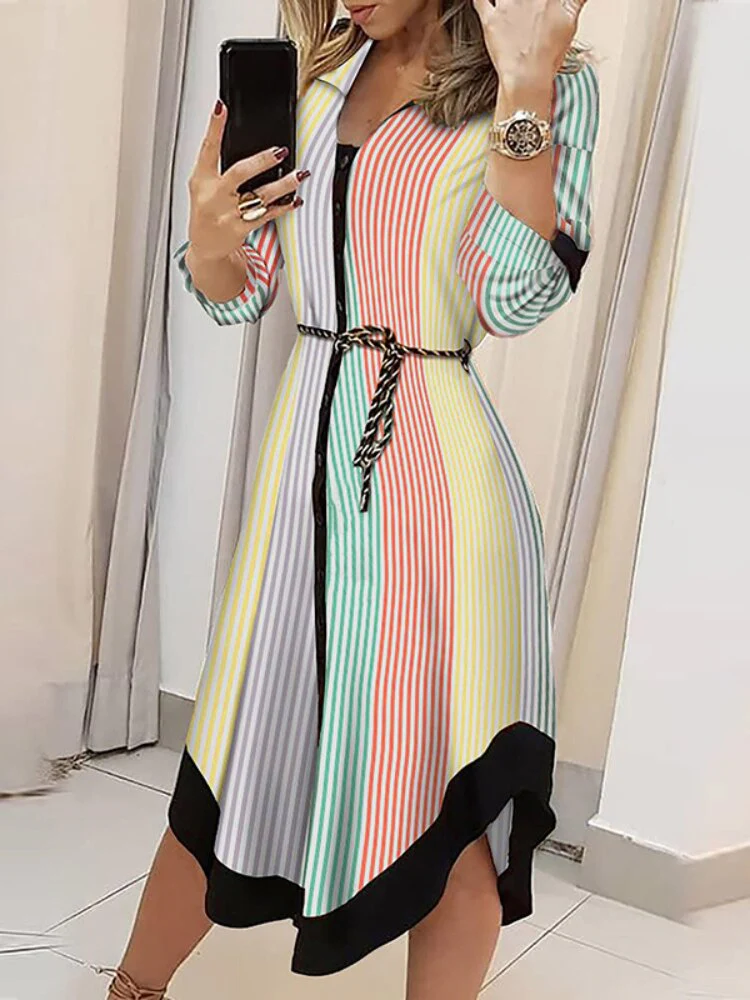 Dresses for Women 2023 Sexy Robe Mid Length Fashion Print Polo Neck Small Style Lace Up Waist Dress Long Summer Dresses Ladies - Image 7