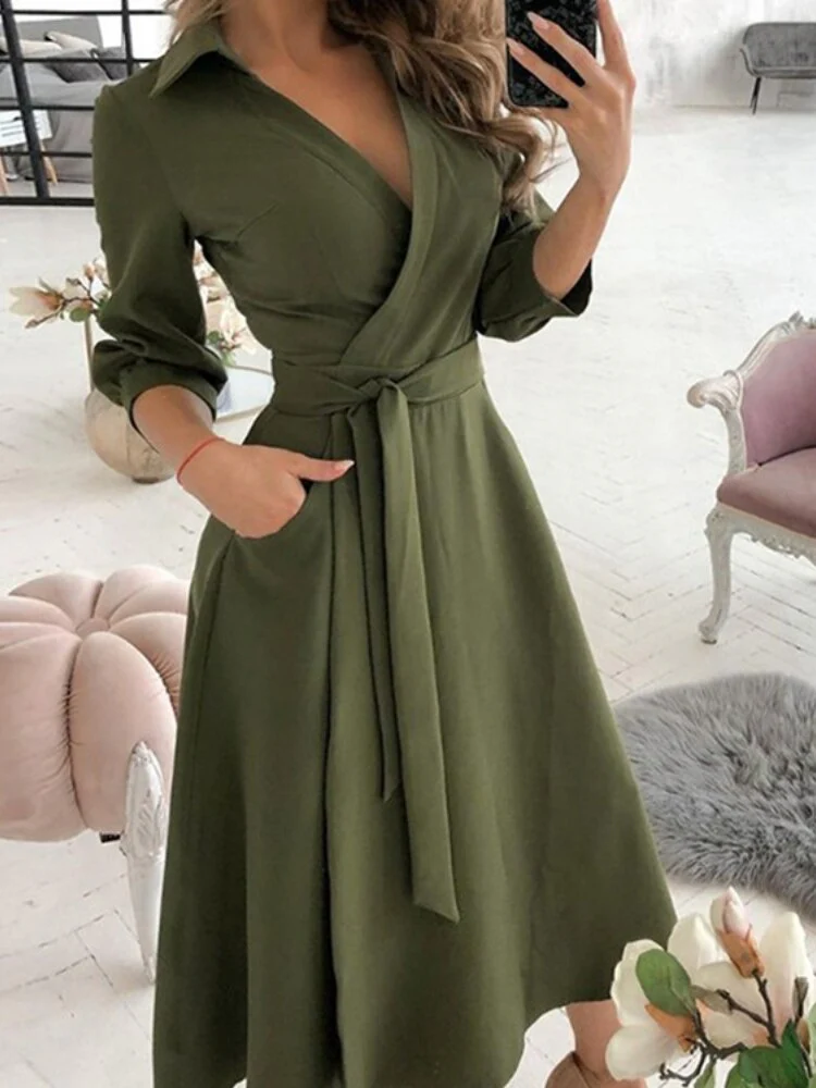 Dresses for Women 2023 Sexy Robe Mid Length Fashion Print Polo Neck Small Style Lace Up Waist Dress Long Summer Dresses Ladies - Image 8