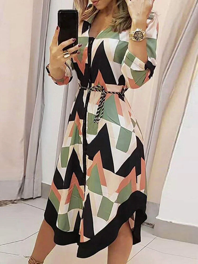 Dresses for Women 2023 Sexy Robe Mid Length Fashion Print Polo Neck Small Style Lace Up Waist Dress Long Summer Dresses Ladies - Image 9