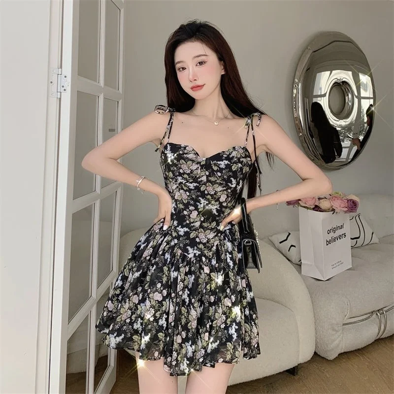 Dresses Women Floral French Style Retro Spaghetti Straps Lace-up Holiday Streetwear Lady Girls Fashion Summer Empire Female BF - Image 2