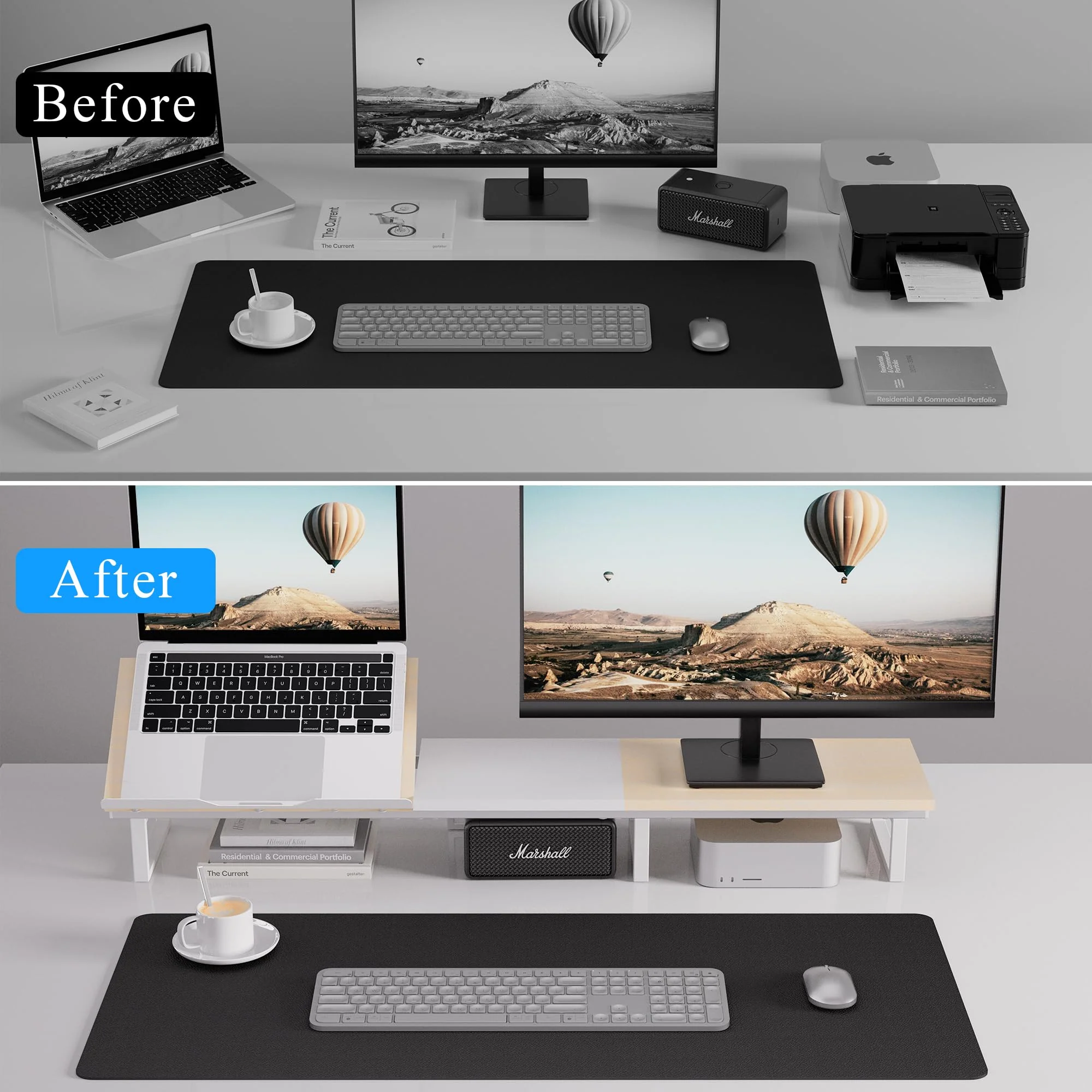 Dual Monitor Stand with Adjustable Laptop Riser - Monitor Stand for 2 Monitors, Ergonomic 7-Angle Adjustable Laptop Stand for Desk, Wooden Computer Stand For Home Office with Metal Legs, Oak - Image 3