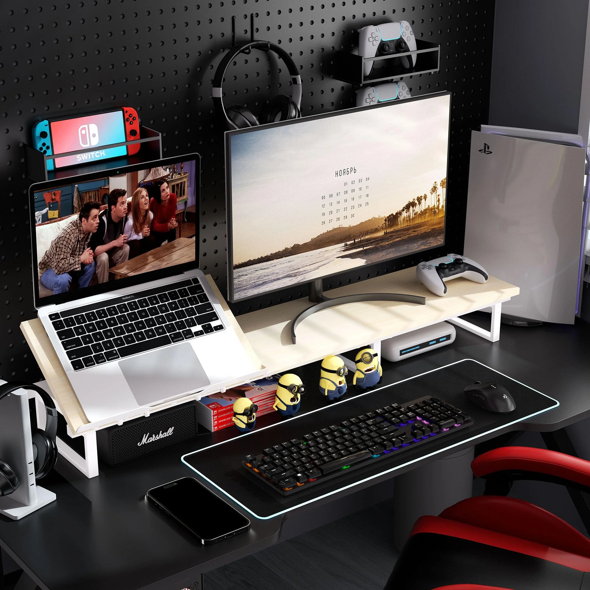 Dual Monitor Stand with Adjustable Laptop Riser - Monitor Stand for 2 Monitors, Ergonomic 7-Angle Adjustable Laptop Stand for Desk, Wooden Computer Stand For Home Office with Metal Legs, Oak - Image 4