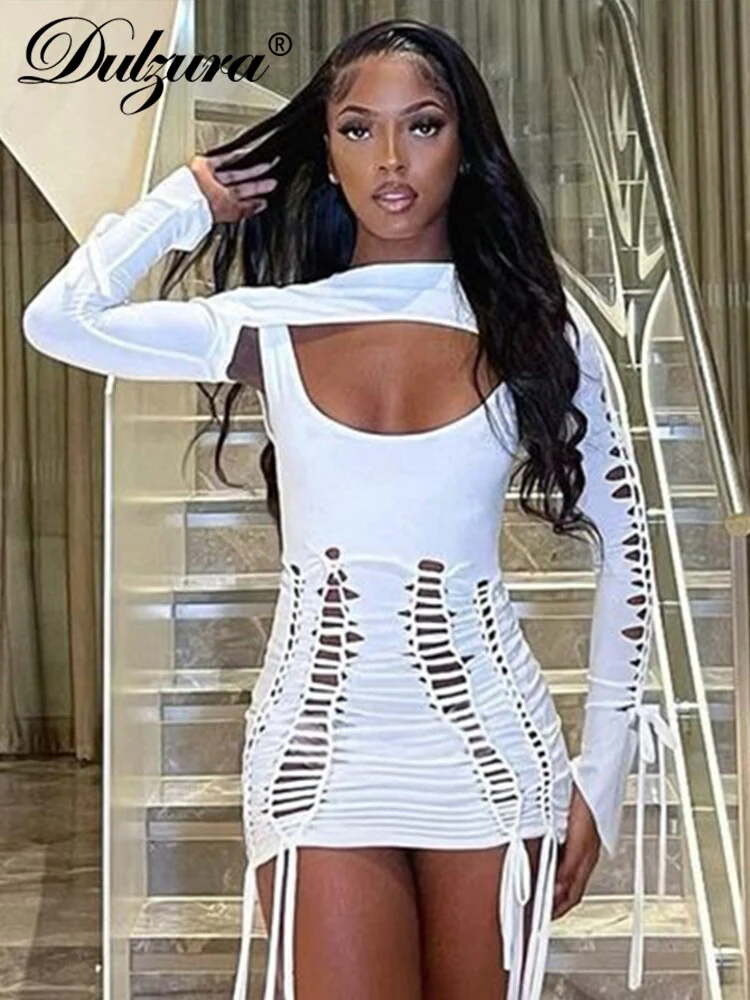 Dulzura Autumn Bandage Ruched Neon Y2K Clothes Hollow Out 2 Pieces Long Sleeve Backless Bodycon Mini Dresses For Women 2022 Club - Image 7